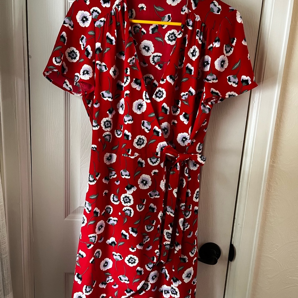 J. Crew Red and White Wrap Midi Dress